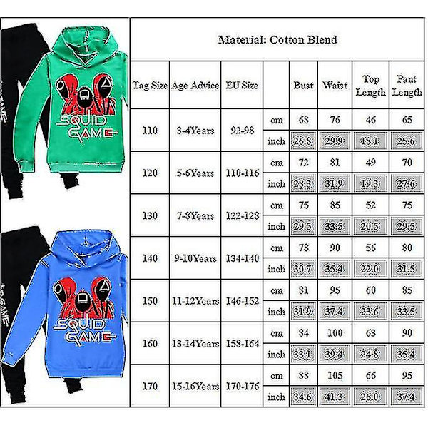 Squid Game Kids Sport Träningsoverall Set Huvtröja Byxor Outfit Kläder Black 9-10 Years