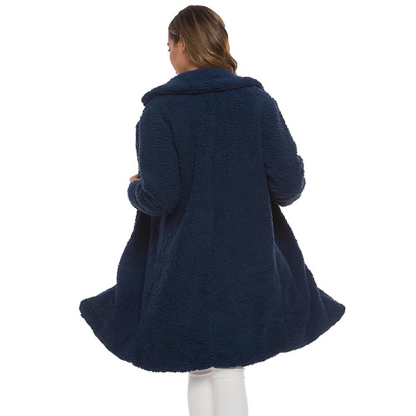 Dam Plysch Lapel Lång Kappa Vinter Fleece Parka Långärmad Trench Coat Vinterjacka CNMR Z X Navy Blue 2XL