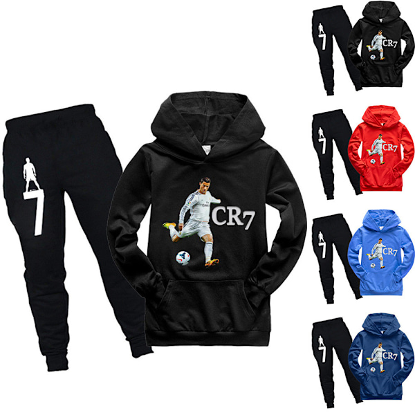 Ronaldo CR7 Barn Hoodie Genser Hettegenser Topper+Bukser Treningsdrakt Antrekk Svart V . Black 130cm