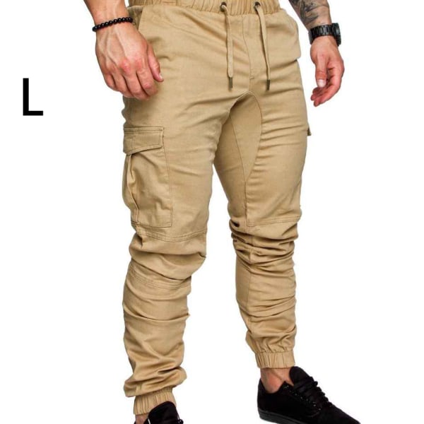 Herr Pocket Byxor Casual Elastisk String Mode långbyxor Z X Khaki L