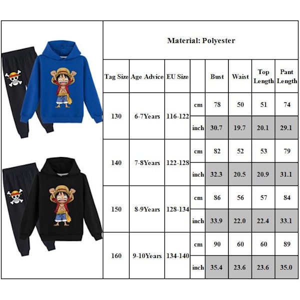 ONE PIECE Monkey D. Luffy Treningsdress Barn Hoodie Joggebukse Sweatsuit 2-delt/Set Rød Red 140cm