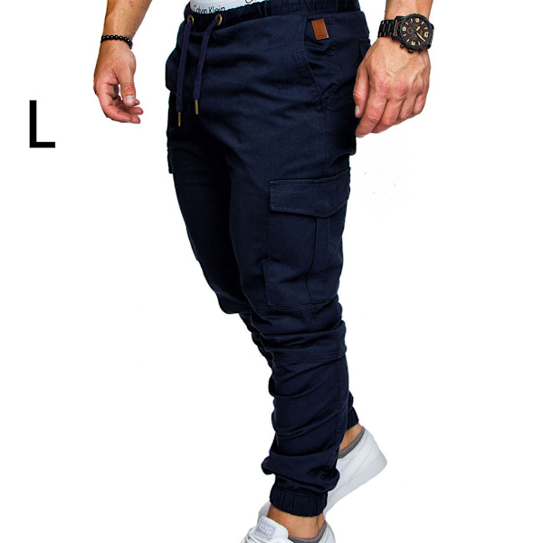 Mænds lommebukser Afslappet elastiske snore mode lange bukser - Navy Blue L