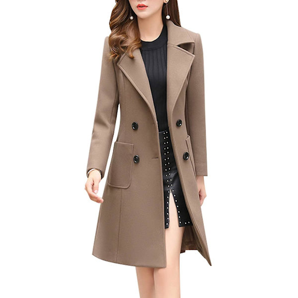 Kvinnor Vinter Elegant Coat Naggad krage Dubbelknäppt Ull Blend Overcoat W Khaki 2XL