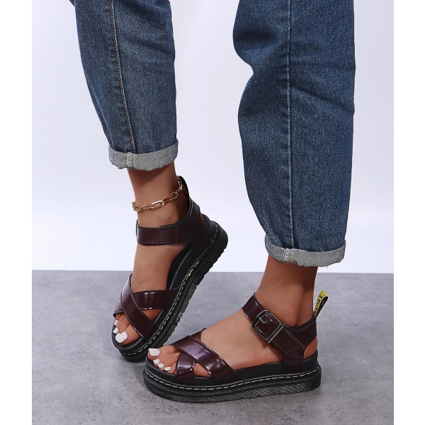 Sommer Dame Chunky Sandaler Tykk såle Strappy Flatforms Sko vY Red Brown EU 43