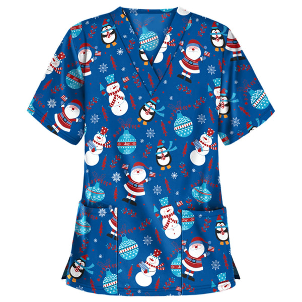 Christmas Nurse Uniform Dame V-hals Print T-skjorte Uformell Kortermet Pocket Topper W 1 L