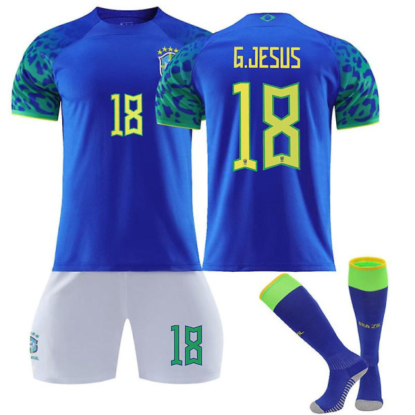 VM 2022-2023 Brasilien Borta Barn Vuxen Blå tröja Set med strumpor - G.JESUS  18 adults XS(160-165CM)