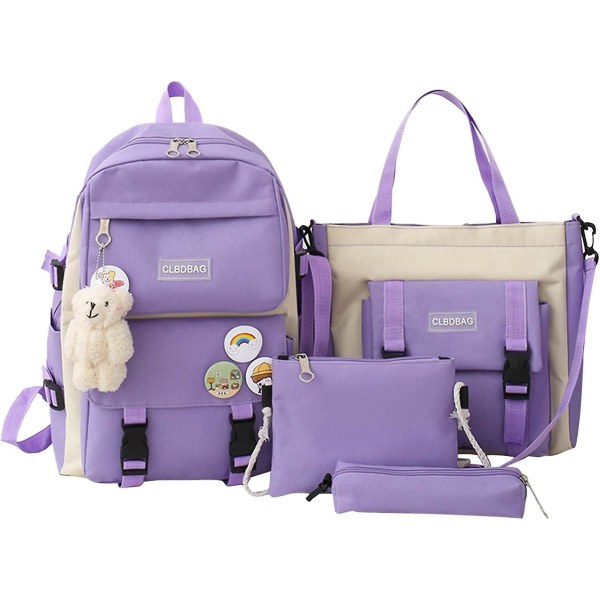 Ornitologi koululaukut Reput söpöille teinitytöille painettu 4 kpl Setti Kawaii koulureppusetti Söpö esteettinen koulureppu -1 Purple