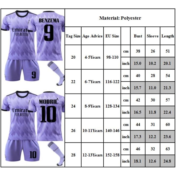 Boy'activewear nr. 9 Benzema fodboldtrøje træningsdragt til børn / #20 10-11Y