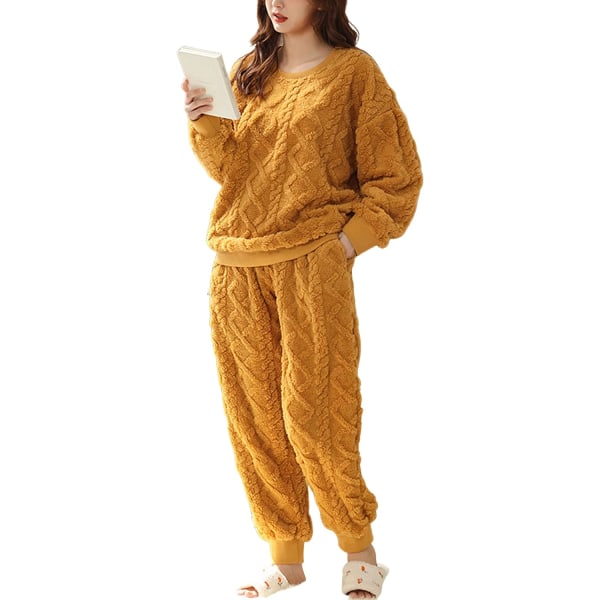 HAUFR Naisten Pörröinen Fleece Pyjama-setti, 2-osainen Lämmin Fleece-pyjamasetti Pehmeä Yöasu Pitkähihaiset Pyörökaulataskut Housut -1 Yellow Large