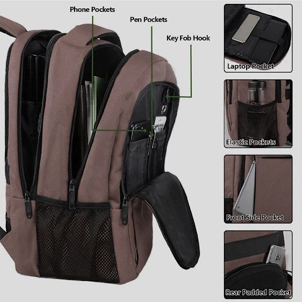 Överdimensionerad ryggsäck med laptopfack passar 18" noteb -1 coffee