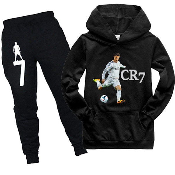 Ronaldo CR7 Børne Hoodie Sweatshirt Trøje Toppe+Bukser Træningsdragt Outfits Sort V . Black 140cm