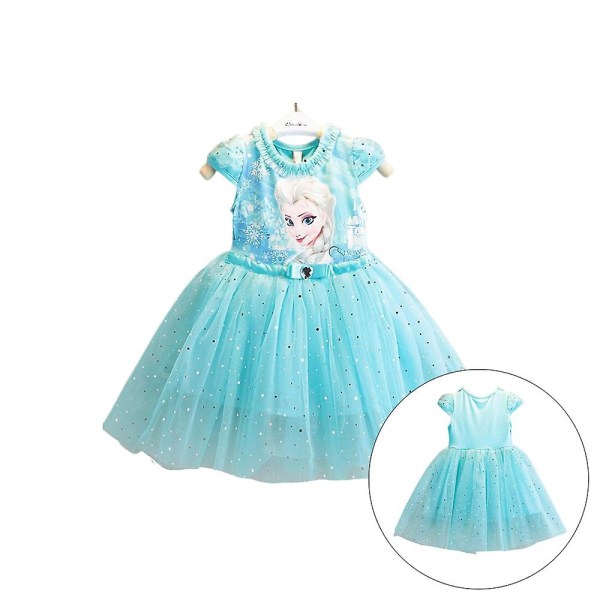 Barn Barn Flickor Disney Cartoon Frozen Elsa Print Kortärmad Sommar Prinsessklänning Tyll Alinjeklänningar vY Light Blue 45 Years