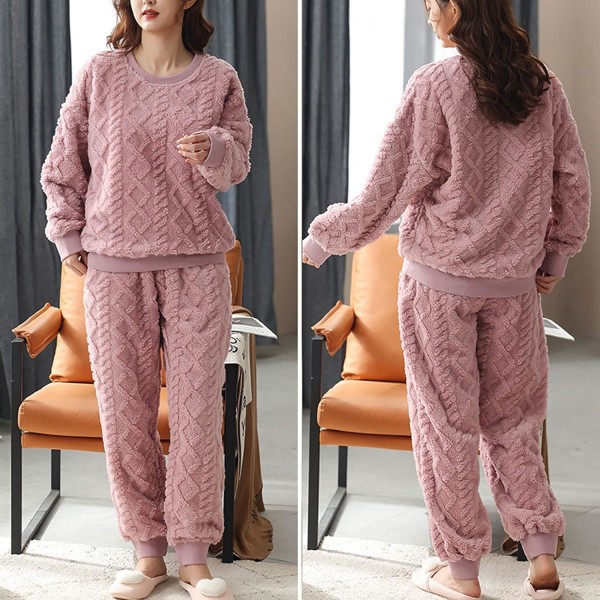 HAUFR Dam Fluffy Fleece Pyjamas Set 2 delar Varm Fleece Pyjamas Set Mjuka nattkläder Långärmade Crewneck fickor Byxor -1 Pink Large