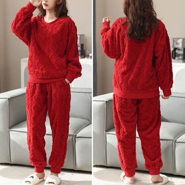 HAUFR Dam Fluffy Fleece Pyjamas Set 2 delar Varm Fleece Pyjamas Set Mjuka nattkläder Långärmade Crewneck fickor Byxor -1 Red X-Small
