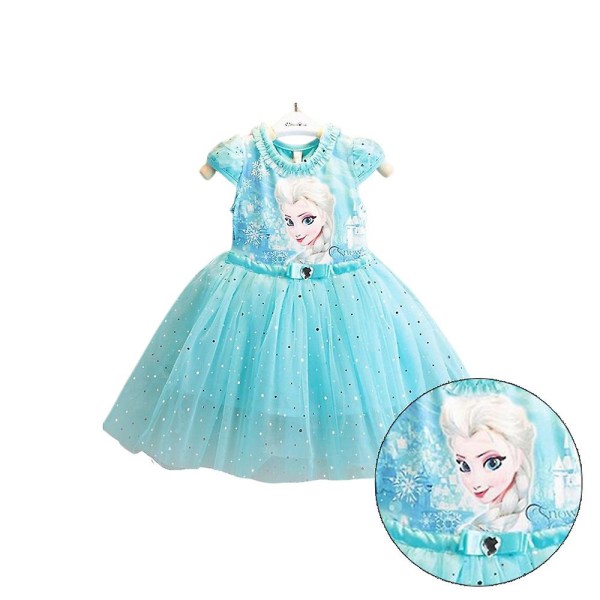 Barn Barn Flickor Disney Cartoon Frozen Elsa Print Kortärmad Sommar Prinsessklänning Tyll Alinjeklänningar vY Light Blue 45 Years