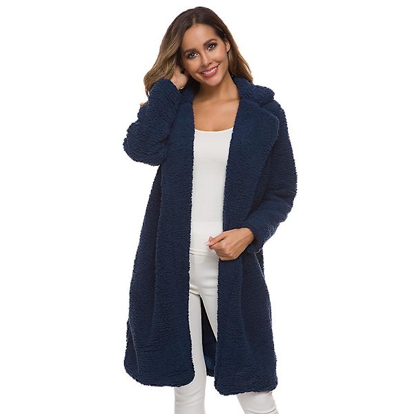 Dame i plysj jakkeslag lang jakke vinter fleece parka langermet trench coat vinterjakke CNMR - Navy Blue 2XL