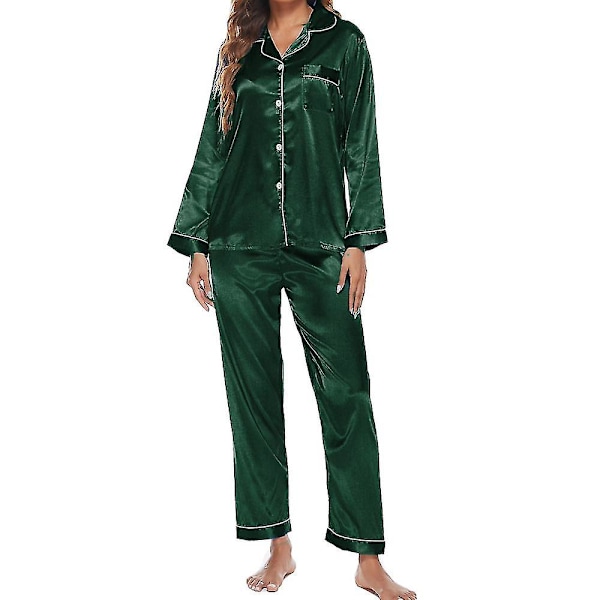 Silky Satin set i två delar för kvinnor: Buttondown Loungewear W Green XL