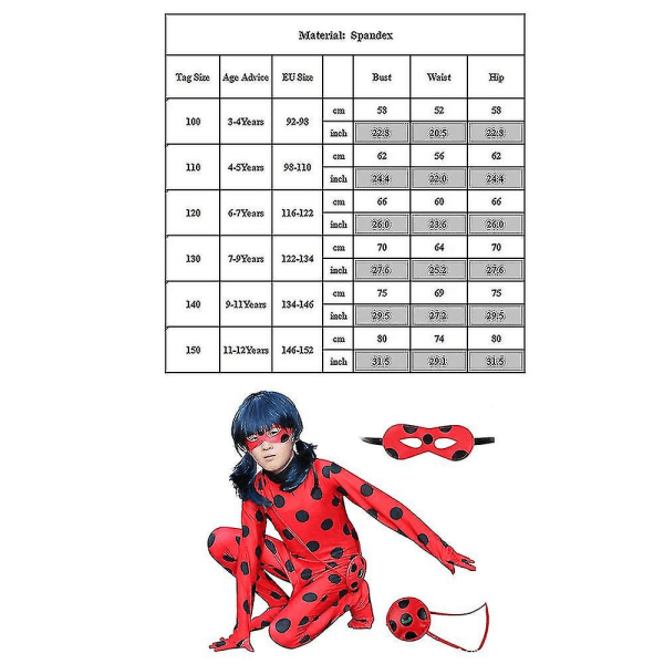 Bimirth Kids Pige Ladybug Cosplay Sæt Halloween Party Jumpsuit Fancy Dress Kostume med Øjenbind, Paryk, Taske-yky NX V. 130(120-130CM)