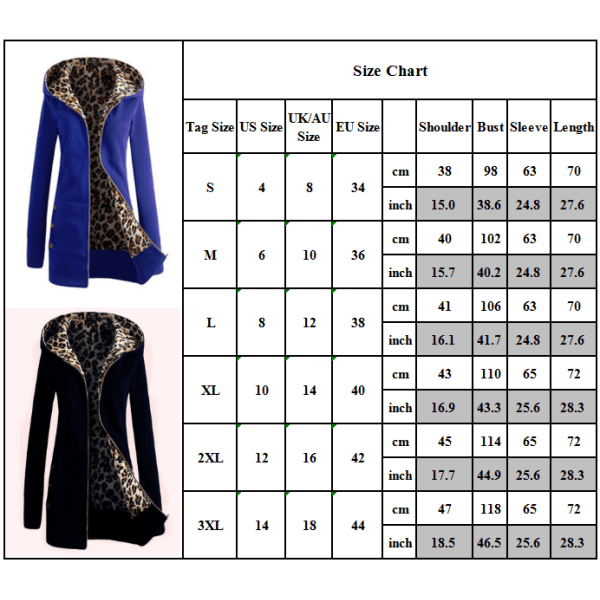 Naisten talvinen hupullinen paksutettu plus fleece-leopard-takki / Black S