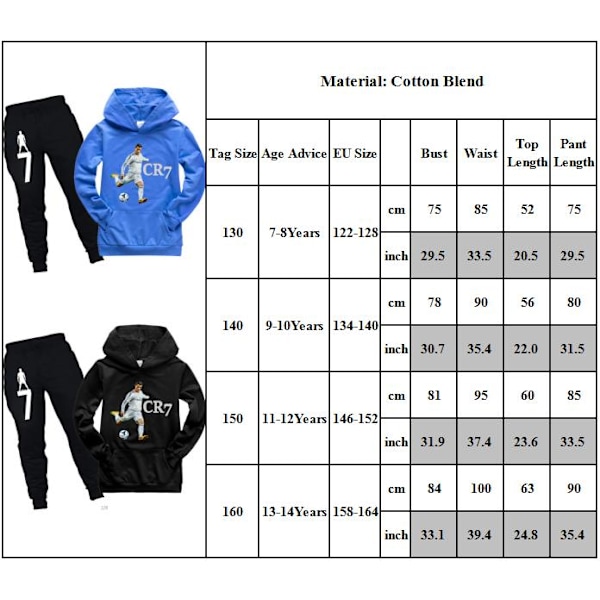 Ronaldo CR7 Børne Hoodie Sweatshirt Trøje Toppe+Bukser Træningsdragt Outfits Royal Blå V . Royal blue 150cm