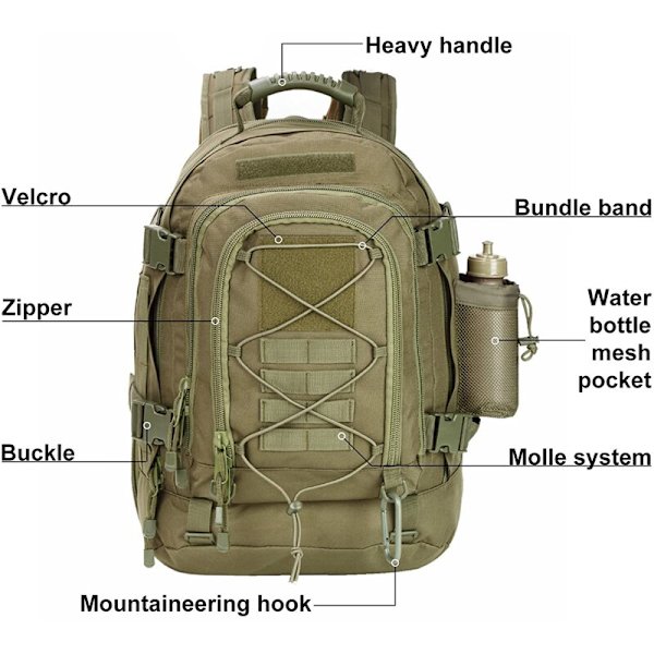 60L Stor militär taktisk ryggsäck Army Molle Assault Ryggsäck Herr Ryggsäckar Resa Camping Jakt Vandring Expanderbar ryggsäck -1 BLACK MULTICAM