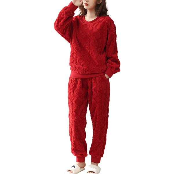 HAUFR Naisten Pörröinen Fleece Pyjama-setti, 2-osainen Lämmin Fleece-pyjamasetti Pehmeä Yöasu Pitkähihaiset Pyörökaulataskut Housut -1 Red Small