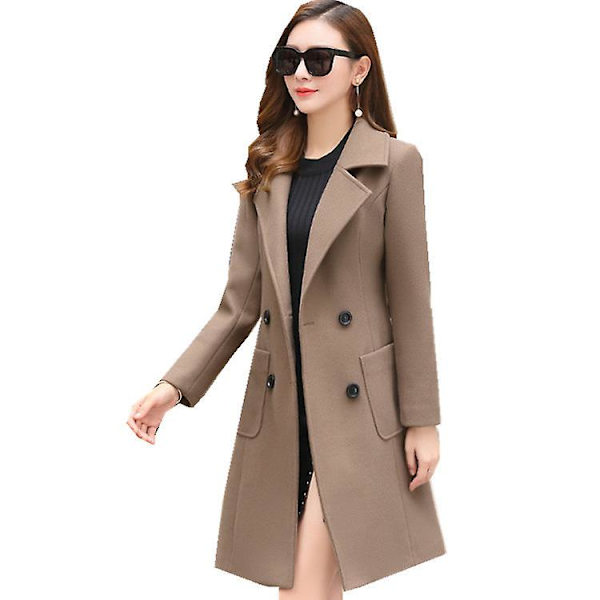 Kvinnor Vinter Elegant Coat Naggad krage Dubbelknäppt Ull Blend Overcoat W Khaki 2XL