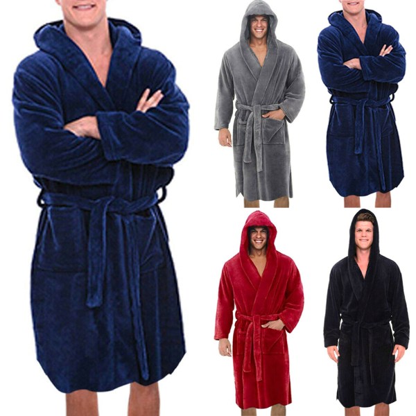 Män långärmad badrock med mjuk loungebadklädningsrock - Black XL