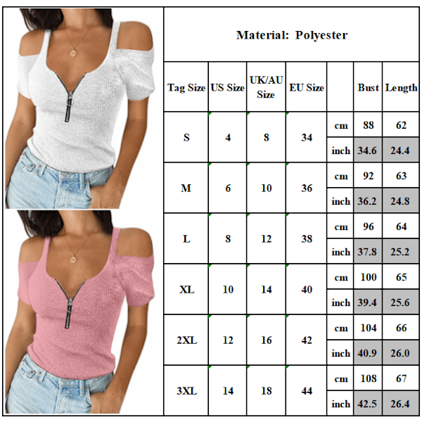 Kvinders ren farve afslappet sommertop lynlås off Shoulder T-shirt Z X White M