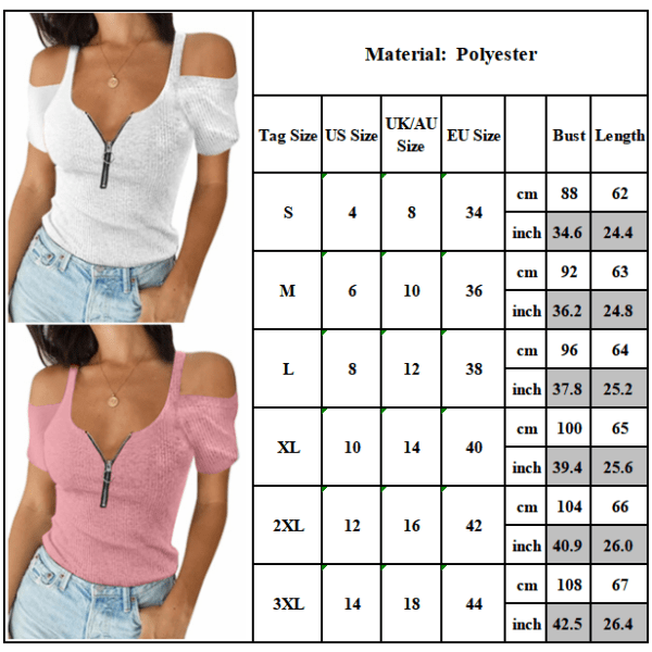 Naisten Pure Color Casual ummer Top vetoketjullinen olkapäältä poistettava T-paita Z Pink S