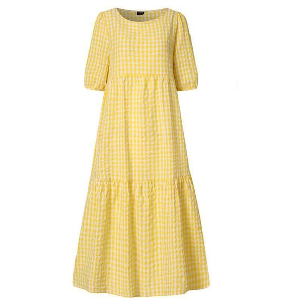 Naisten kesäinen ruudullinen pörröinen lyhythihainen midimekko -1 Yellow,4XL