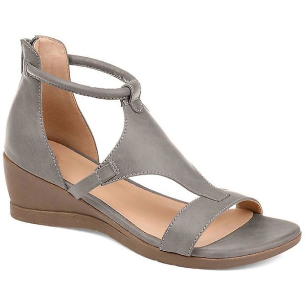 Dame-sandaler med åben tå lædersko med lynlås med mellemhæl, sommer afslappet sandal W Gray 41