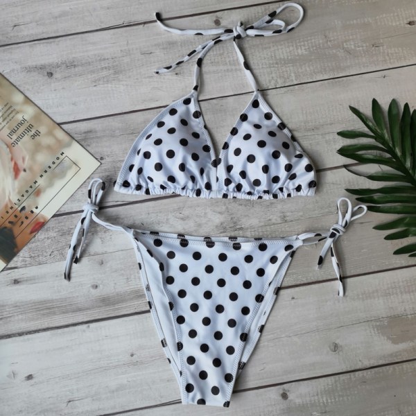 Kvinders sexet bh-sæt med slips i sidestreng badedragt. Polka Dot White M