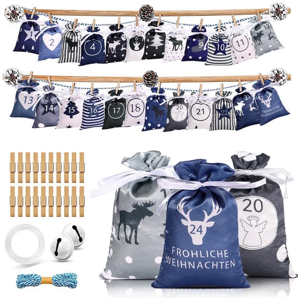 24 STK juleadventskalender gaveposer Snørepose Fest D red 24pcs