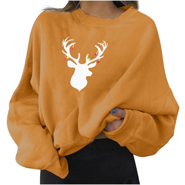 Ladie Casual Christmas Elg Print Pullover Langermet Sweatshirt Z X Yellow 3XL