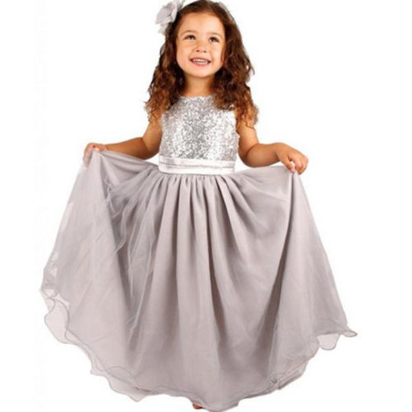 Tytöt Paljetteja Holiday Fancy Dress Party Hää morsiusneito mekko vY silver&grey 140cm