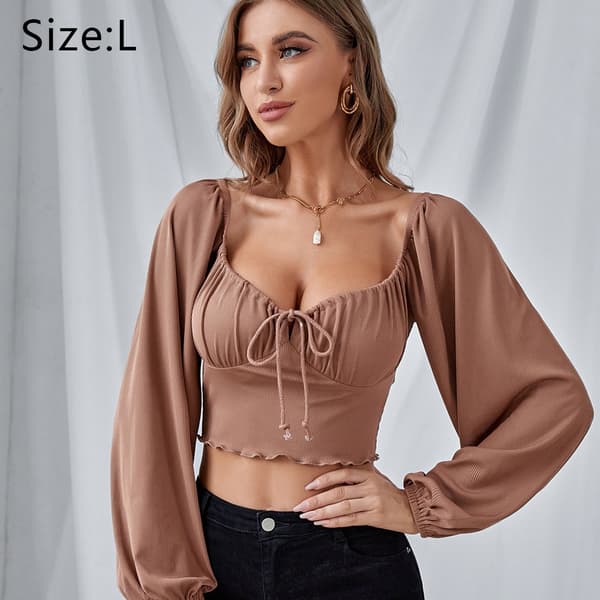 Bluser med snøre Steam Puff Sleeve Front V Neck Crop Tee yz L