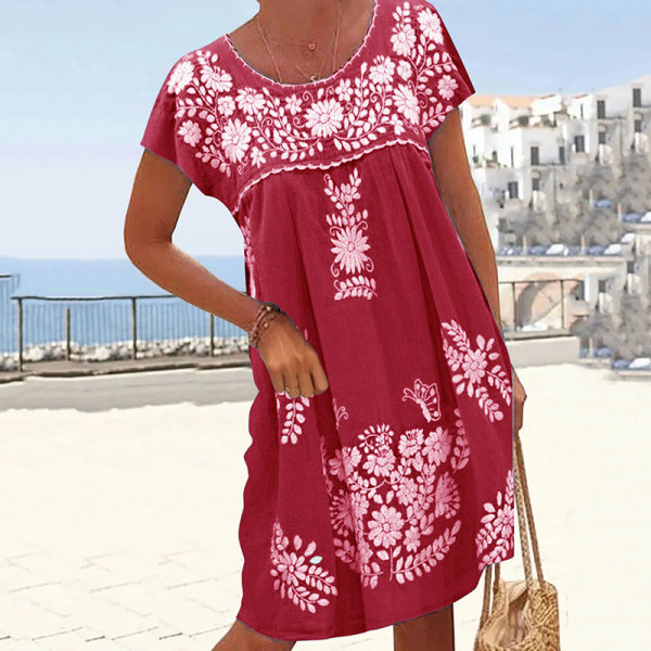 Kvinner Kortermet Summer Beach Sundress Crew Neck Midi-kjole. Red XL