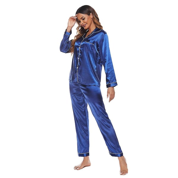 Naisten silkkisatiini kaksiosainen setti: Buttondown Loungewear W Blue XXL