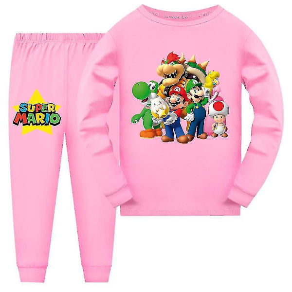 Super Mario Pyjamas Langarmet T-skjorte Bukser Sleepwear Nattøy Pjs Sett Barn Gutter Jenter Pyjamas Loungewear Alder 7-14 År CMK Rosa Pink 9-10 Years