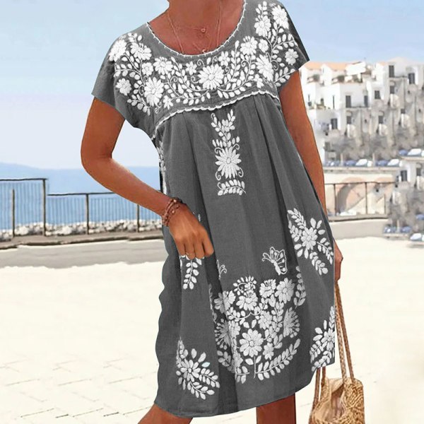 Kvinnor Kortärmad Summer Beach Sundress Crew Neck Midi-klänning . Grey 2XL