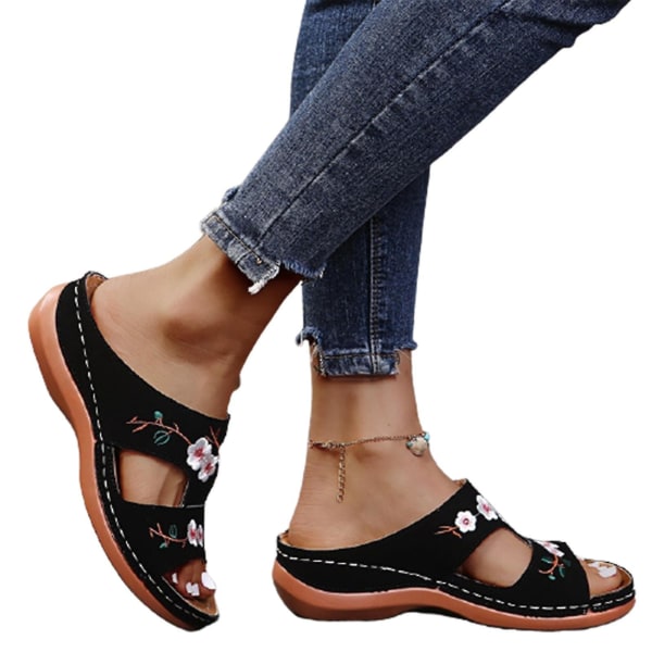 Bloom ortopediske sko til kvinner Åpen tå sandaler Flattøfler for damer Sommer Beach Gummi Myk såle -1 Black 35