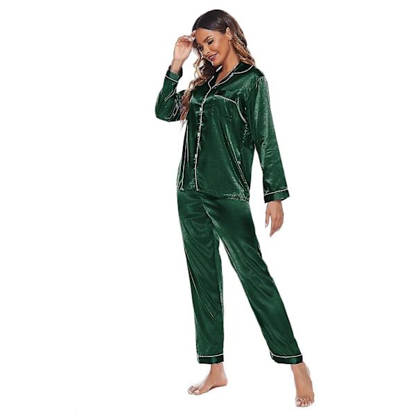 Silky Satin set i två delar för kvinnor: Buttondown Loungewear W Green M