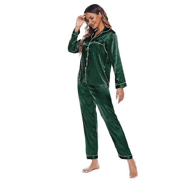 Silky Satin set i två delar för kvinnor: Buttondown oungewear W Green L