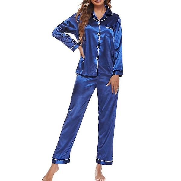 Silky Satin set i två delar för kvinnor: Buttondown oungewear W Blue L