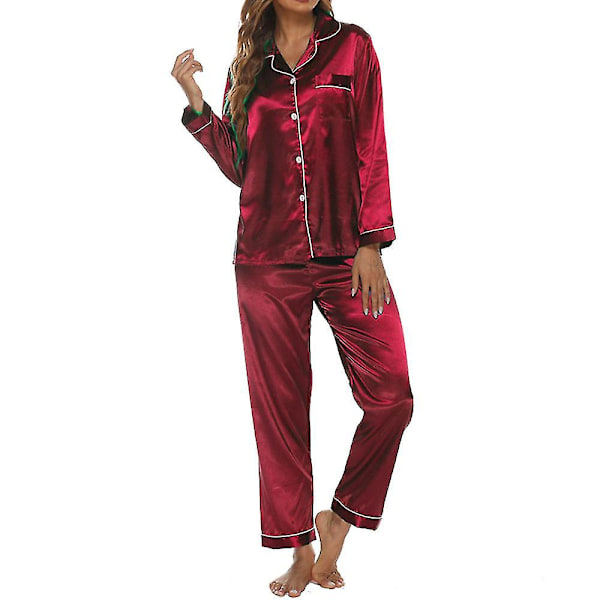 Silky Satin set i två delar för kvinnor: Buttondown Loungewear W Red XL