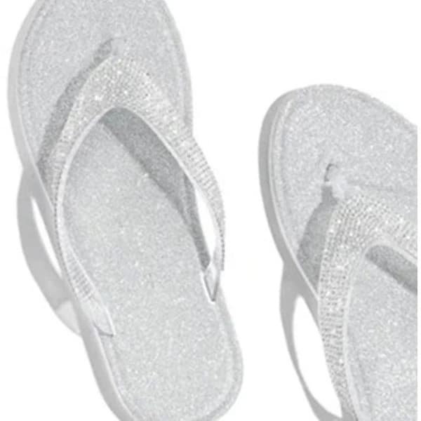 Dame Rhinestone Flat Slippers Slip On Sandaler Beach Flip Flops. Silver 41