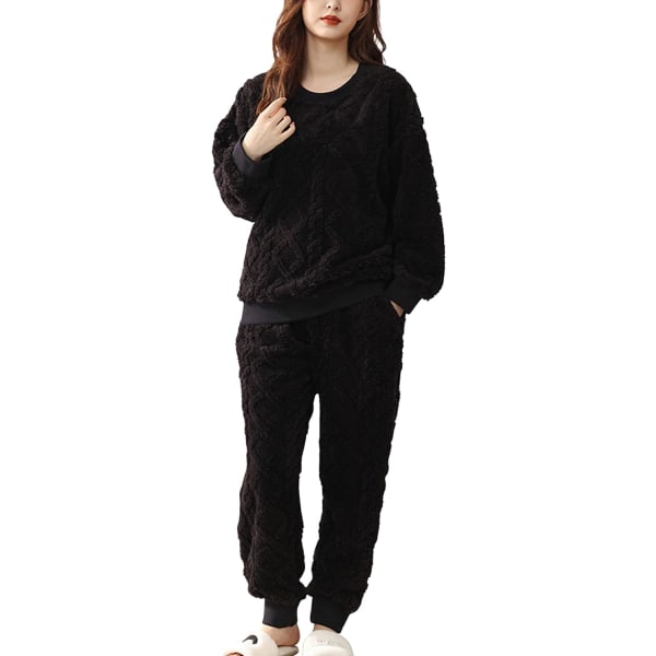 HAUFR Naisten Pörröinen Fleece Pyjama-setti, 2-osainen Lämmin Fleece-pyjamasetti Pehmeä Yöasu Pitkähihaiset Pyörökaulataskut Housut -1 Black 01 Large