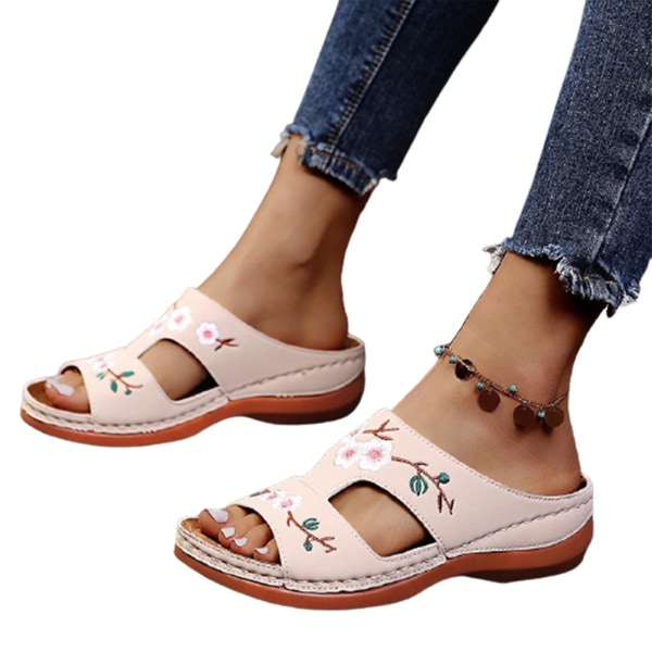 Bloom ortopediske sko til kvinner Åpen tå sandaler Flattøfler for damer Sommer Beach Gummi Myk såle -1 Beige 43