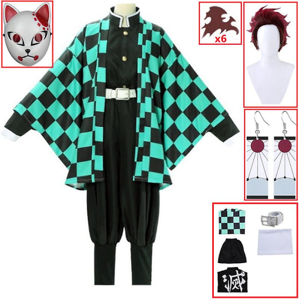 Demon Slayer Kimetsu No Yaiba Tanjirou Kamado Cosplay Kostume Kimono Kappe Halloween Fest Anime Tøj Uniform Sæt W A5 XL